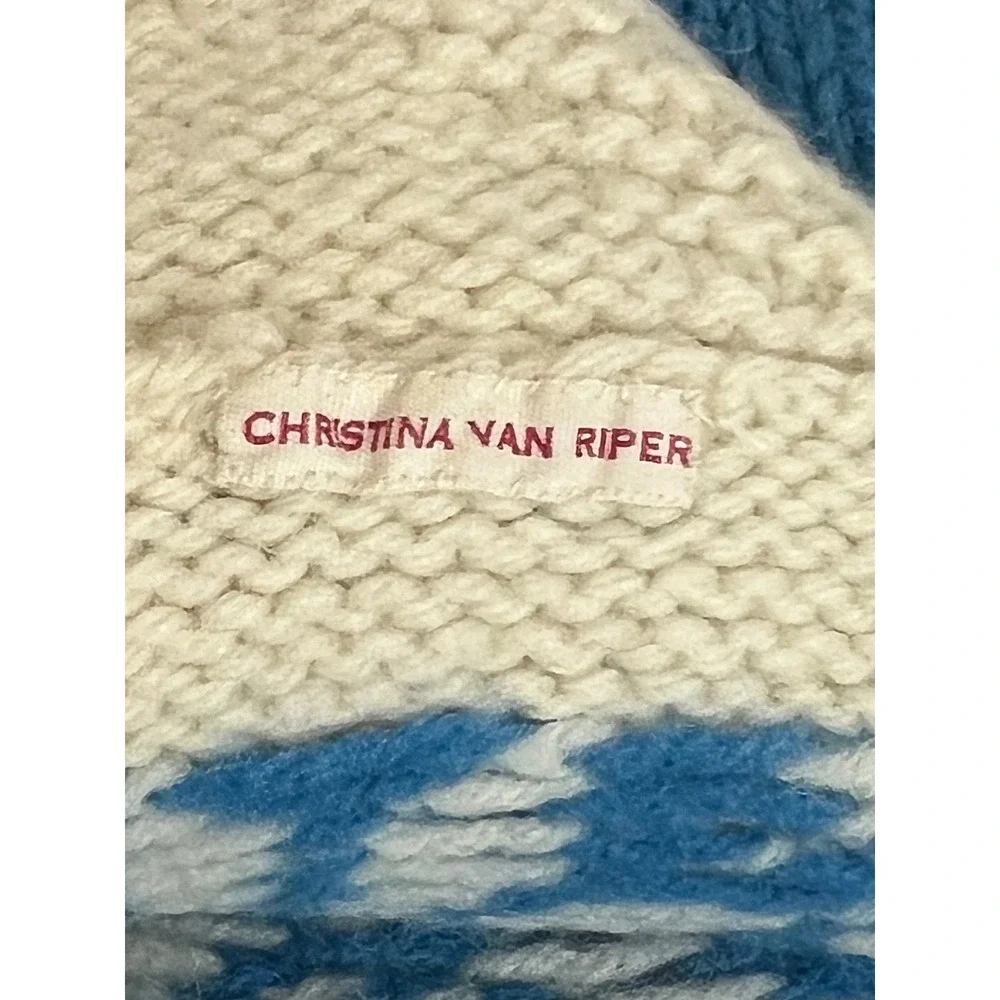 Vintage Handknit Kids Blue Cream Snowflake‎ Knit Trapper Wool Hat with Ties